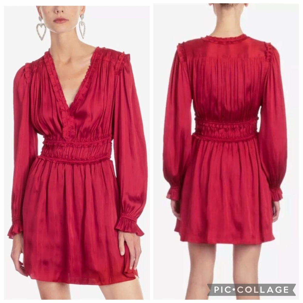 ❤️ NWT THE KOOPLES RED Burgundy Long Bishop Sleeve Dress Ruffles